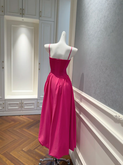 Classy Spaghetti Straps Rose Red Satin Pleated A Line Evening Dress Long Wedding Guest Dress D2980