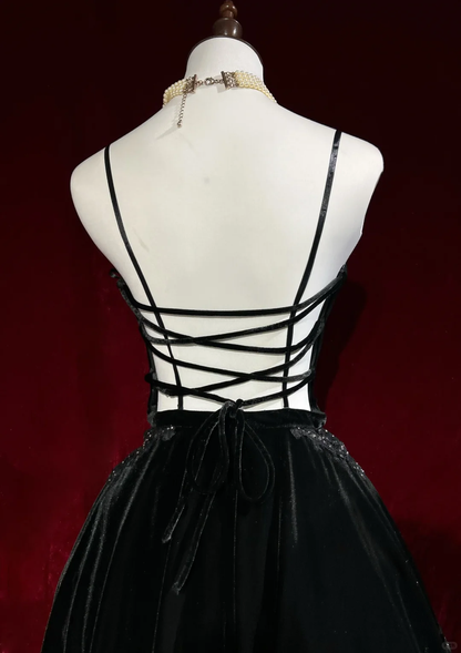 Shiny Spaghetti Straps Velvet Lace Beaded A Line Short Birthday Outfits,Black Short Graduation Homecoming D3368