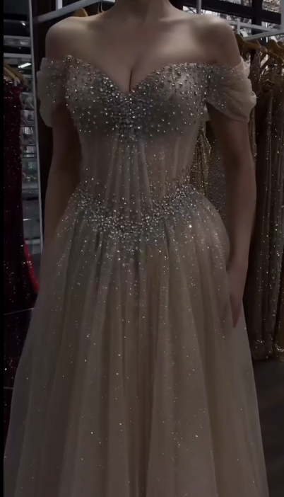 Elegant Champagne Tulle Sequin Beaded A Line Long Party Dress Off The Shoulder Long Birthday Evening Dress D4633