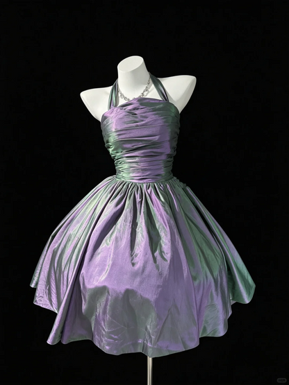 Pretty Halter Satin Short Party Dress Purple Short Graduation Homecoming Dress D5219
