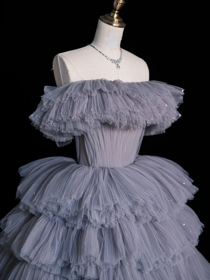Modest Ball Gown Off The Shoulder Grey Blue Tulle Layered Birthday Quinceanera Dress Sweet 16 Dress D4529