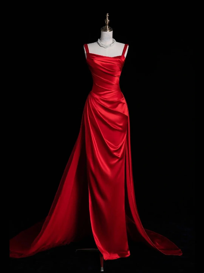 Fashion Spaghetti Straps Satin Pleated Long Wedding Guest Dress Red Mermaid Square Neck Long Evening Dress D4853