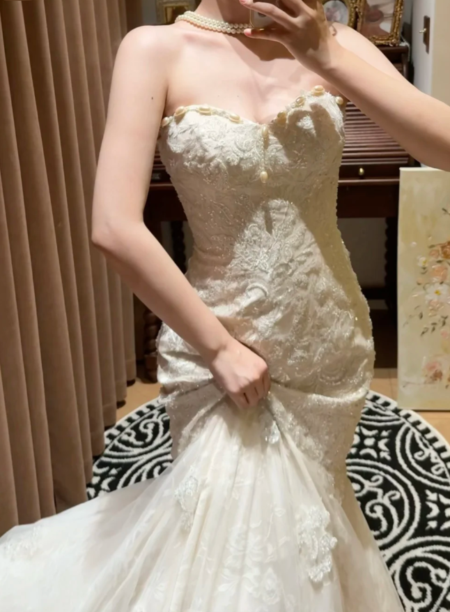 Pretty Strapless White Lace Sequin Beaded Mermaid Long Evening Dress Formal Birthday Birthday Prom Dress Party Gown D2048