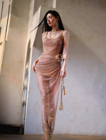 Sexy Spaghetti Straps V Neck Sequin Pleated Slit Long Party Dress Evening Gown D2401