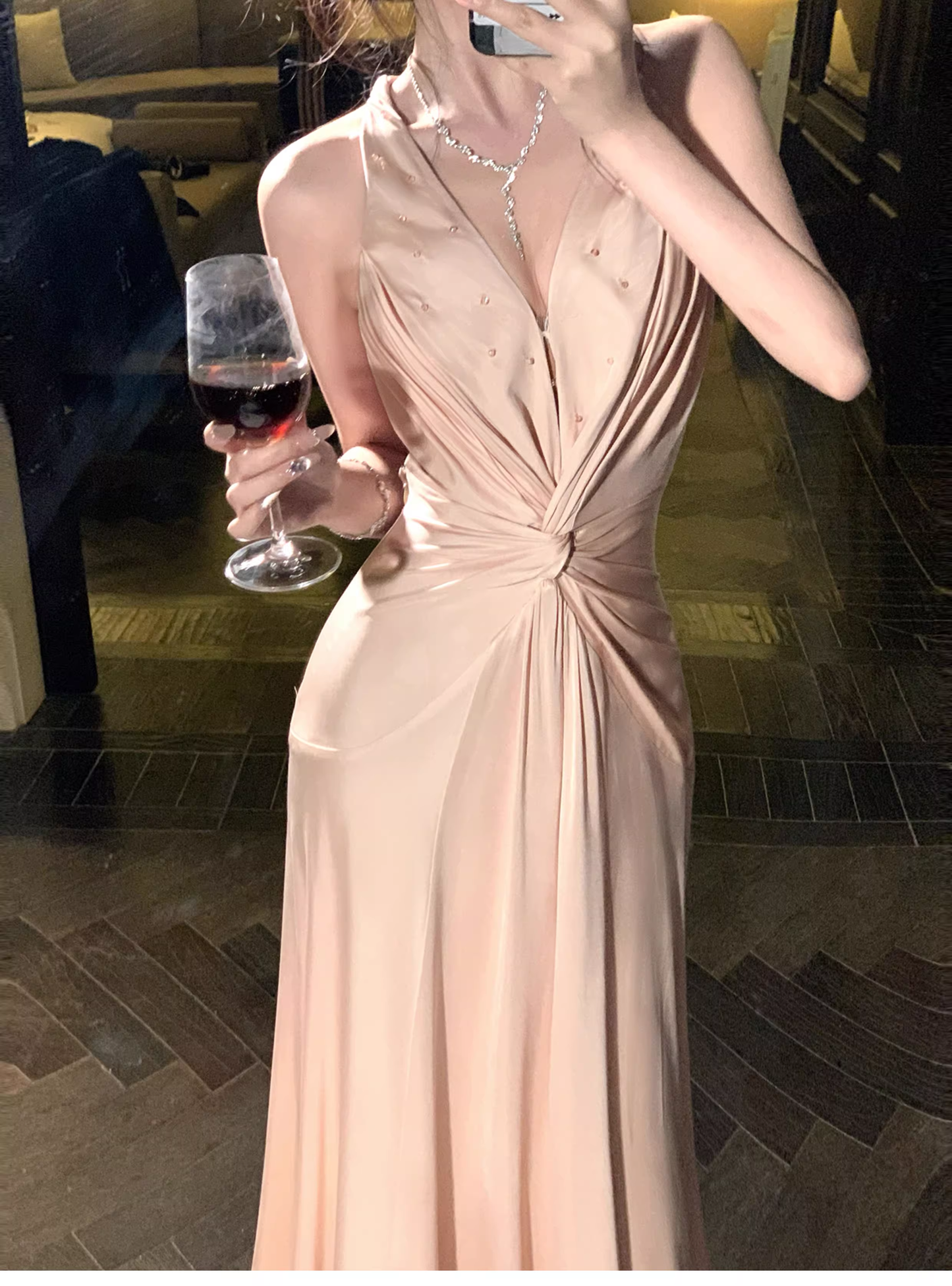 Classy Coral Powder Halter V Neck Satin Beaded Mermaid Long Party Dress Backless Evening Gown D2182