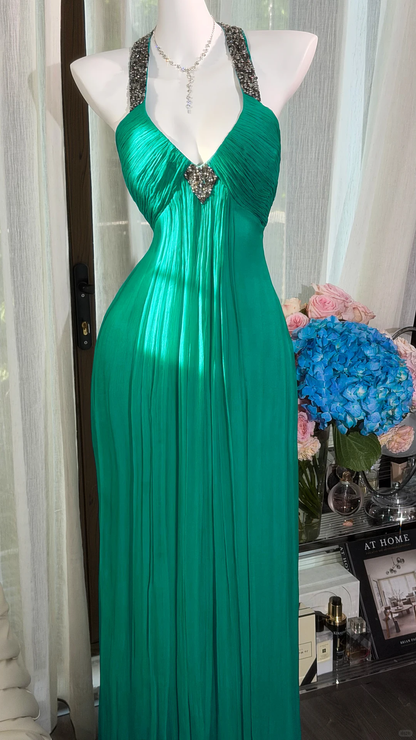 Charming Halter Chiffon Pleated Beaded A Line Long Wedding Guest Dress,Green V Neck Party Dress Prom Dress D2935
