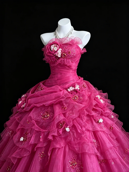 Charming Strapless Hot Pink Tulle Pleated Appliques Quinceanera Dress Sweet 15 16 Dress D5273