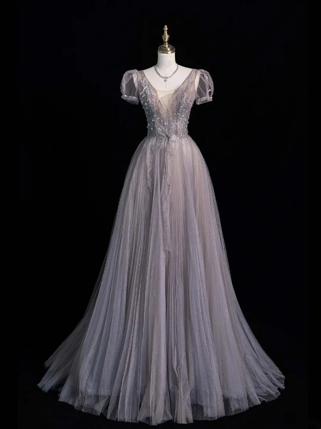 Beautiful V Neck Purple Tulle Pleated Beaded Long Prom Dresses Birthday Evening Dress D4829