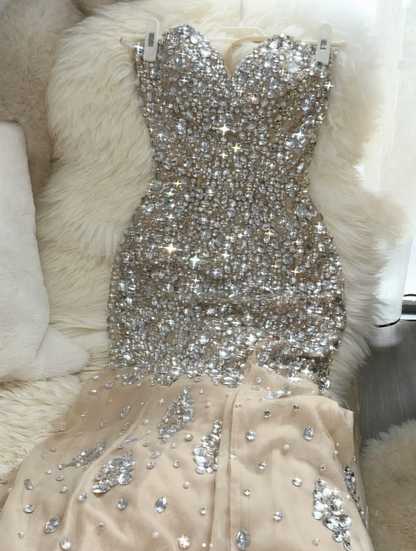 Vintage Strapless Apricot Chiffon Beaded Mermaid Long Party Dress Evening Dress D2076