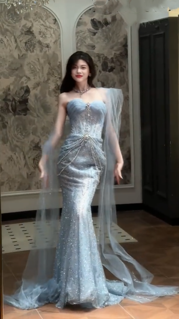 Glitter Sky Blue Strapless Tulle Sequin Beaded Mermaid Evening Dress Long Birthday Prom Dress Party Dress D1880