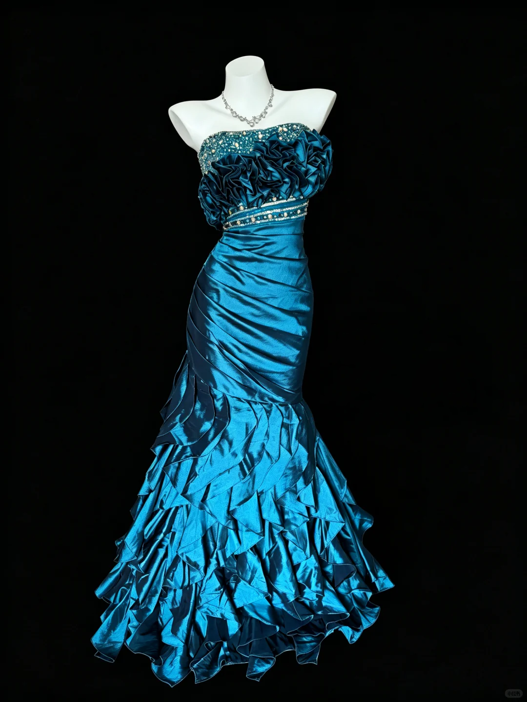 Pretty Blue Satin Pleated Beaded Mermaid Party Dress Strapless Long Evening Dress D5216