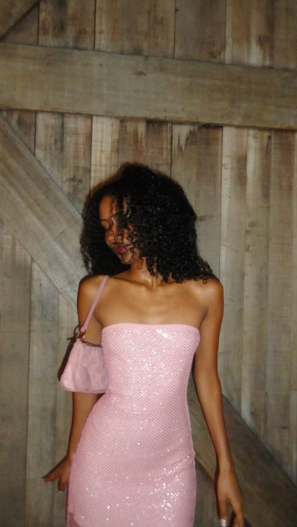 Shiny Strapless Pink Satin Sequin Short Homecoming Dress Birthday Dress D4538