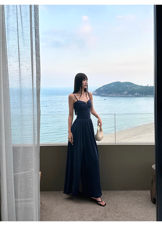 Elegant Spaghetti Straps Satin A Line Slit Evening Dress Navy Blue Long Birthday Party Dress With Pockets D2084