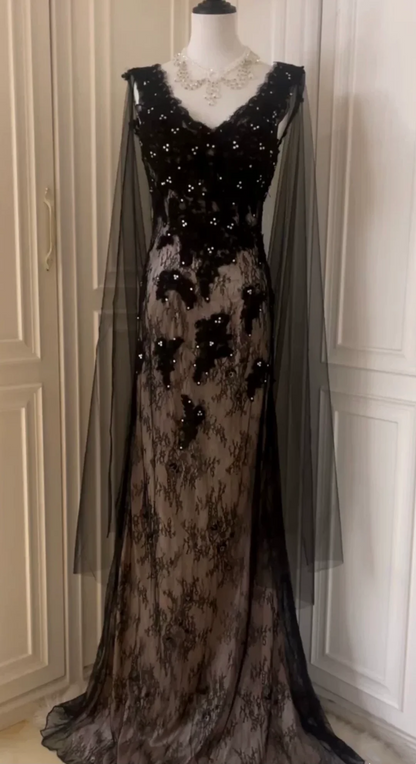 Elegant Black Lace Appliques Beaded Mermaid Evening Dress Long Birthday Prom Gown D3103