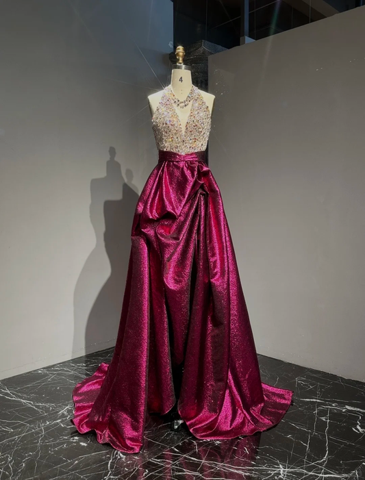 Gorgeous Halter V Neck Satin Beaded Long Evening Dress Fuchsia Birthday Prom Dress D2482