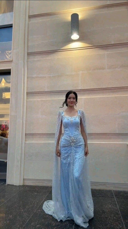 Elegant Satin Pleated Tulle Sequin Beaded Prom Dress Light Blue Mermaid Long Party Dress D5137