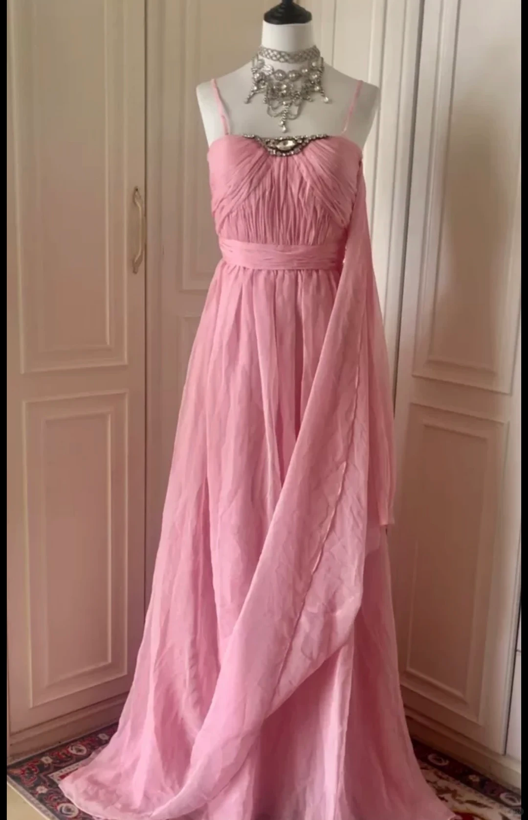 Pretty Spaghetti Straps Pink Chiffon Pleated Beaded Mermaid Long Evening Dress Prom Dress D3099