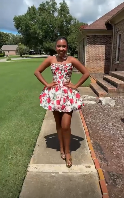 Charming Strapless Satin Print Floral A Line Red Short Homecoming Dress Birthday Outfits D4306