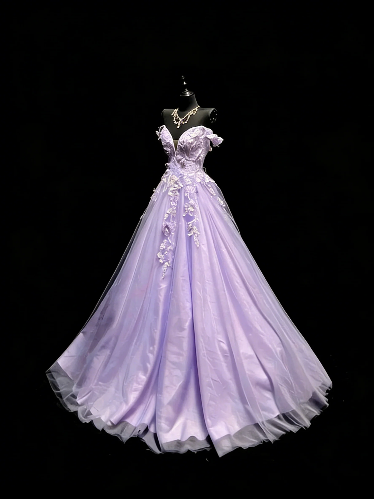 Elegant Off The Shoulder Lilac Tulle Appliques Long Evening Dress Party Gown D4892