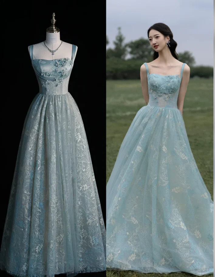 Beautiful A line Straps Sage Green Long Tulle Prom Dress SD1490