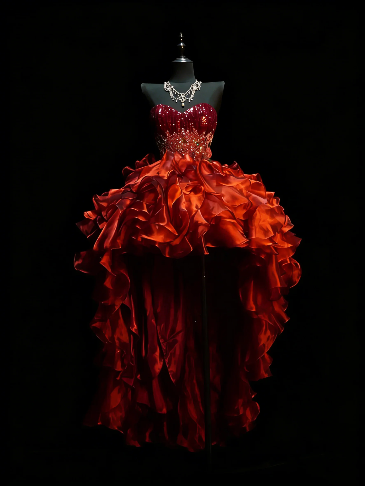Princess Sweetheart Neck  Sequin Beaded Tulle Ruffle Tiered Long Evening Dress Red High Low Long Party Gown D4882
