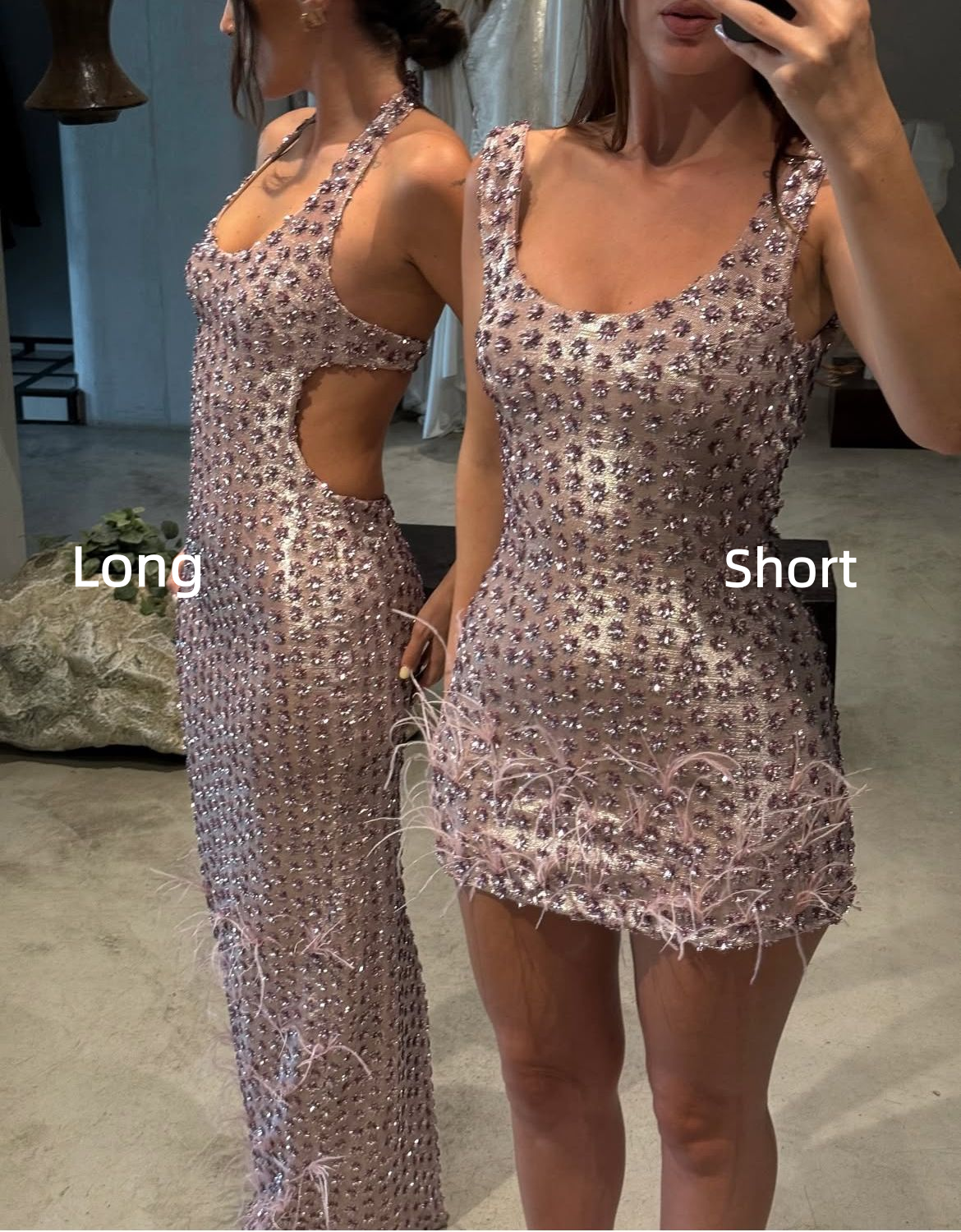 Classy Pink Satin Beaded Feathers Short/Long Prom Dress Birthday Outfits D700