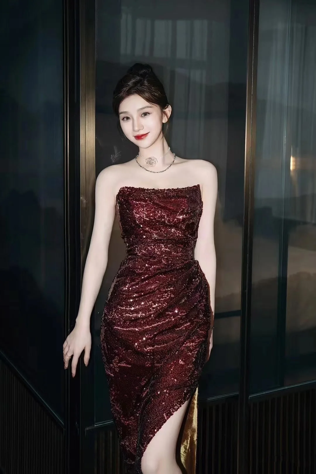 Sparkly Strapless Sheath Sequin Slit Long Wedding Guest Dress Burgundy Long Party Dress Evening Gown D4898