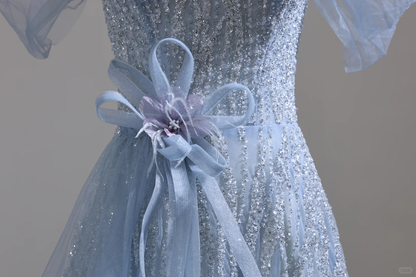 Shiny Blue Tulle Sequin Beaded Long Evening Dress, Off The Shoulder Birthday Prom Dress D3128