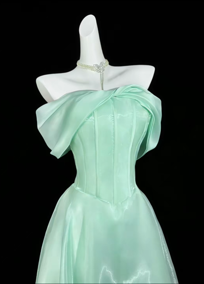 Charming Mint Green Satin Tulle A Line Long Party Dress,Off The Shoulder Long Birthday Prom Gown D4199