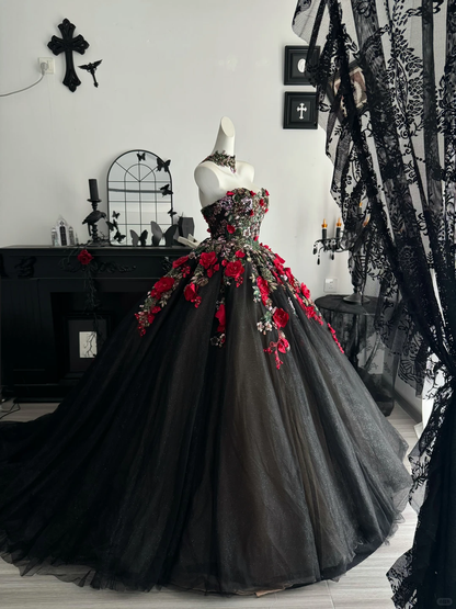 Pretty Black Quinceanera Dress Strapless Tulle Sequin Beaded Floral Sweet 16 Dress With Appliques D4717