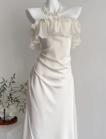 Classy Strapless White Satin Chiffon Long Prom Dress Birthday Party Dress D643