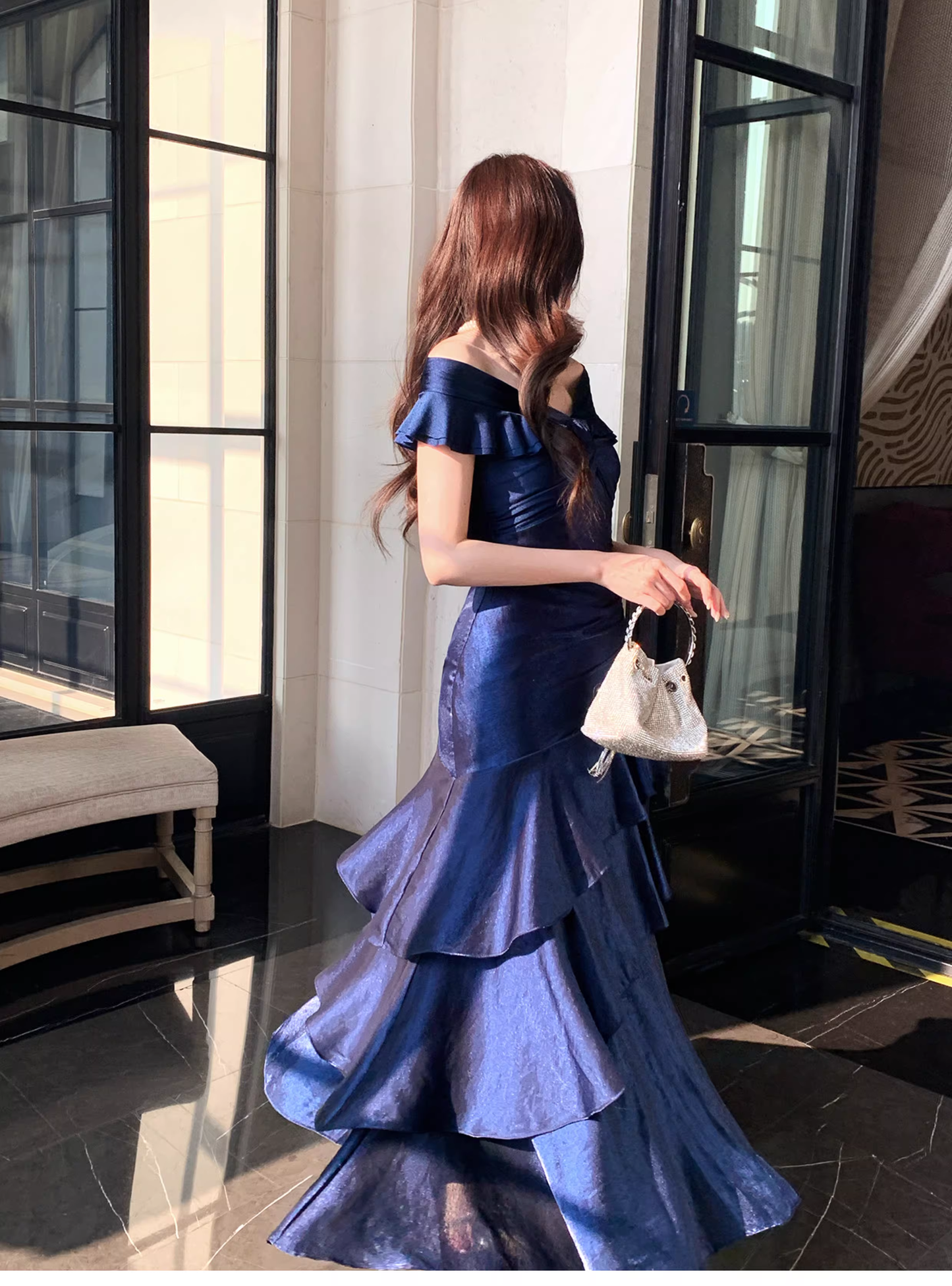 Stylish Navy Blue Off The Shoulder Satin Layered Ruffles Mermaid Long Evening Dress Prom Gown D2183