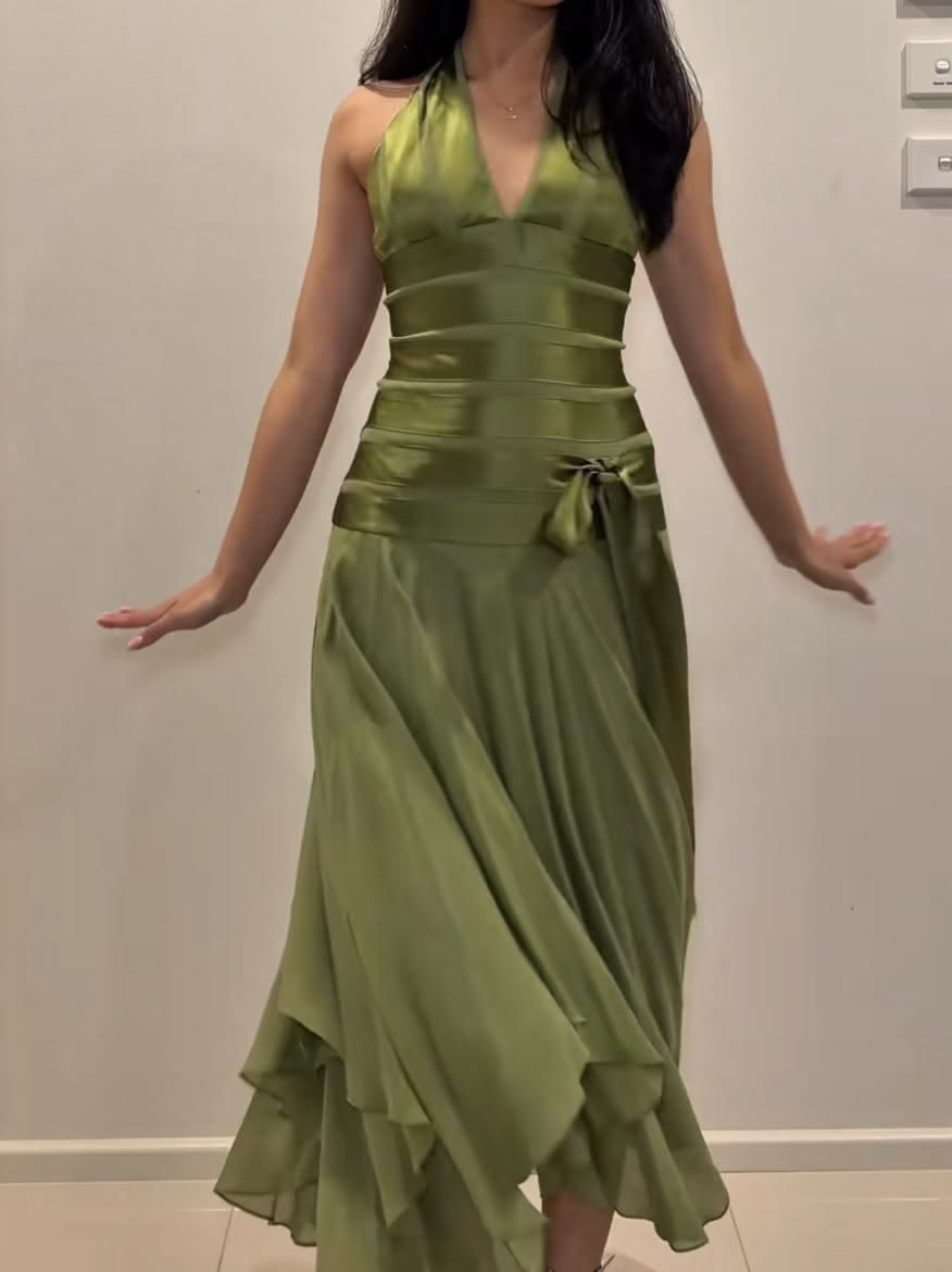 Pretty Olive Green Satin Chiffon Long Party Dress Halter V Neck  Prom Dress D5093