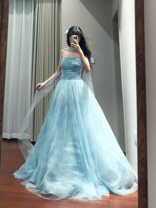 Classy Blue Strapless Tulle Beaded Long Party Dress Birthday Prom Dresses D1696