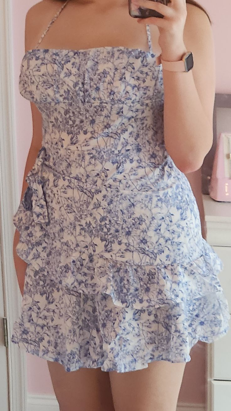 Elegant Blue Satin Printed Floral Short 7th Grade Homecoming Dress,Halter Mini Cocktail Dress D3284