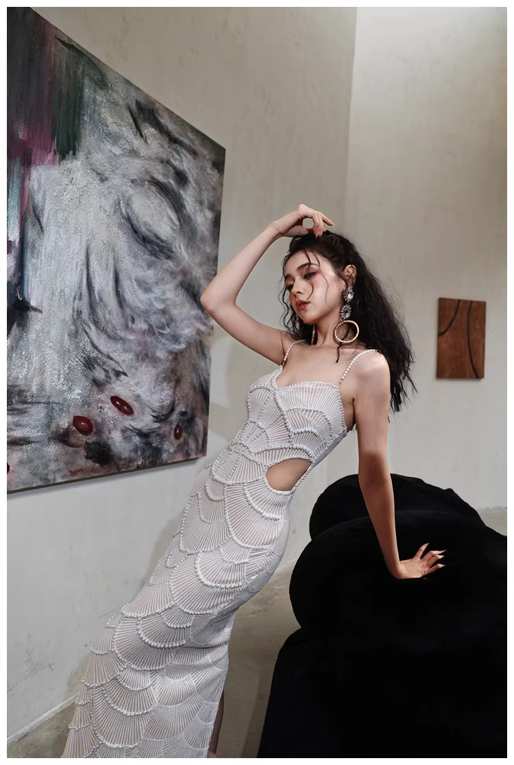 Unique Spaghetti Straps Sequin Pearls Sheath Slit Long Party Dress Birthday Evening Gown D2452