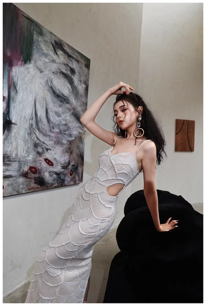 Unique Spaghetti Straps Sequin Pearls Sheath Slit Long Party Dress Birthday Evening Gown D2452