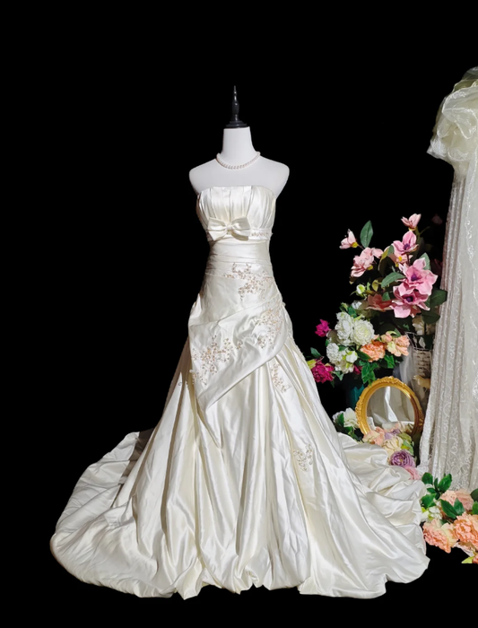 Charming Strapless Ivory Beaded Satin Pleated Mermaid Long Evening Dress Formal Birthday Prom Gowns D2366