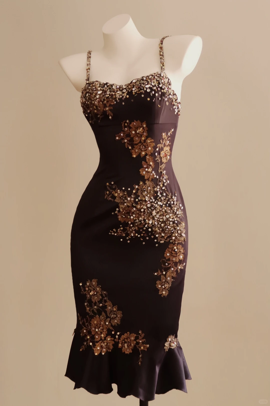 Vintage Spaghetti Straps Satin Beaded Knee Length Ruffles Party Dress Prom Gown D2753
