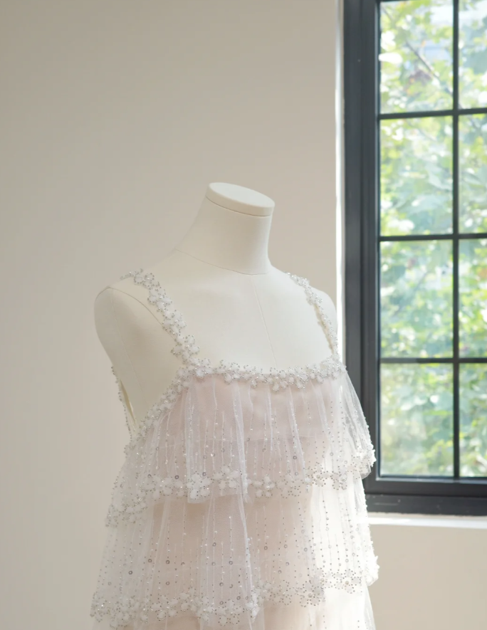Classy Spaghetti Straps Tulle Sequin Beaded Layered Long Birthday Prom Dress Party Gown D2160