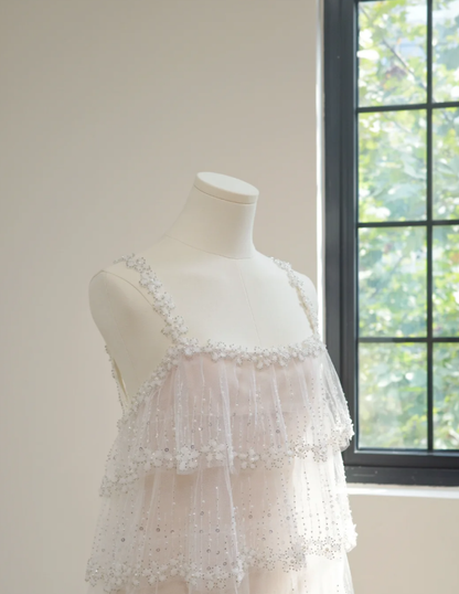 Classy Spaghetti Straps Tulle Sequin Beaded Layered Long Birthday Prom Dress Party Gown D2160