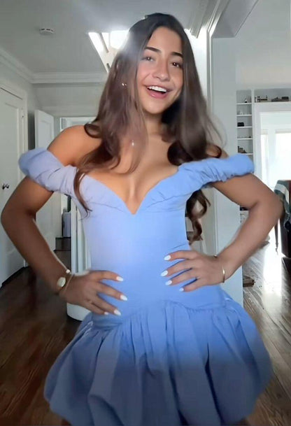 Elegant Blue Satin A Line Short 8th Grade Homecoming Dress,Off The Shoulder Mini Birthday Outfits D3460