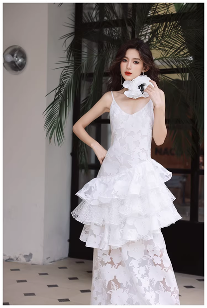 Fairy Spaghetti Strap White Lace Ruffle Layered Mermaid Long Prom Dress Evening Gowns D2426