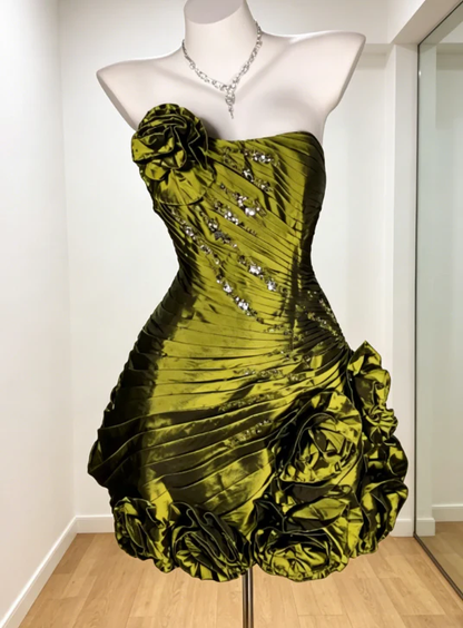 Vintage Strapless Satin Pleated Beaded Short Homecoming Dress,Olive Green Short Prom Dress D3328