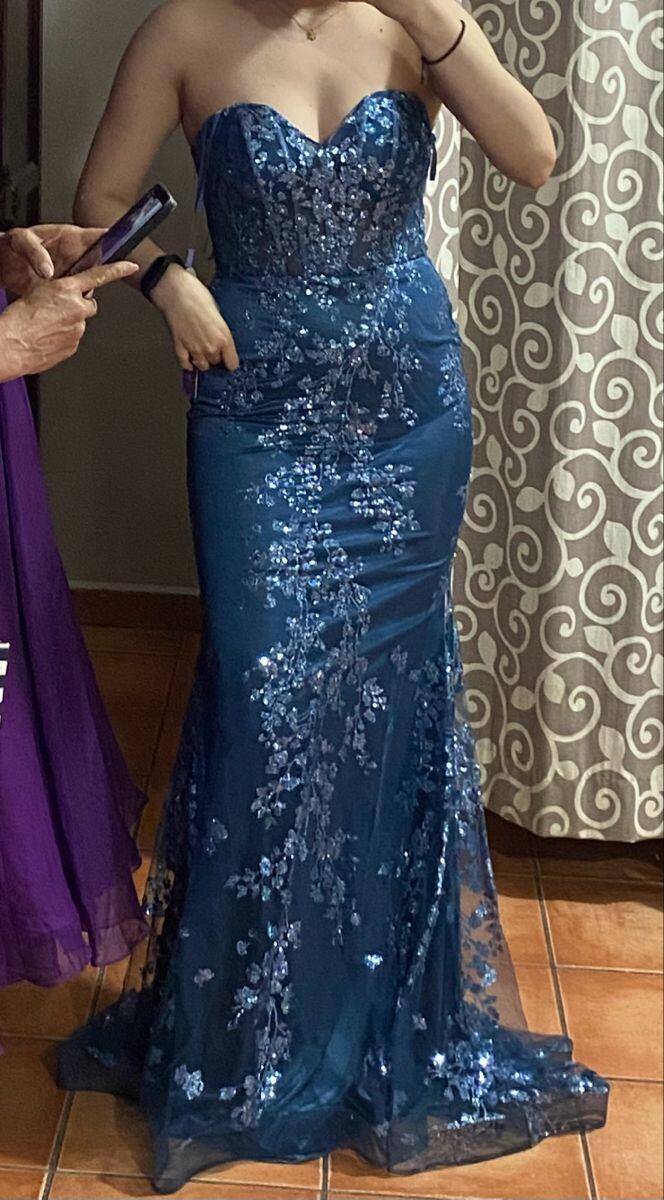 Pretty Navy Blue Tulle Sequin Mermaid Long Party Dress Birthday Prom Dress D5073