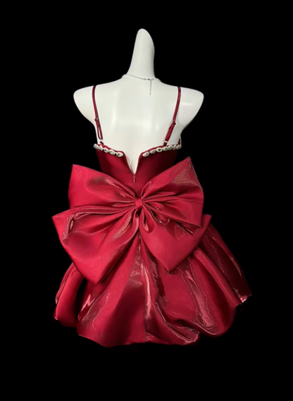 Pretty Burgundy Satin Beaded 3D Floral A Line Short Graduation Homecoming Dress Birthday Outfits With Bow D4207