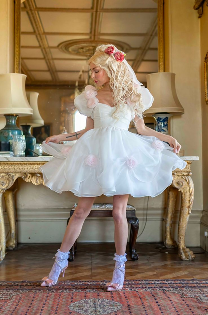 Classy White Tulle Rose Flowers A Line Short Homecoming Dress Formal 20th Birthday Outfits D770