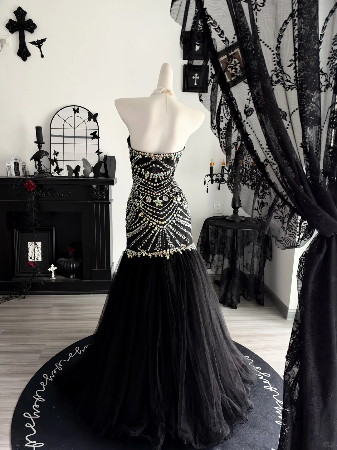 Gorgeous Black Tulle Beaded Mermaid Long Evening Dress Strapless Long Birthday Prom Dresses D4712