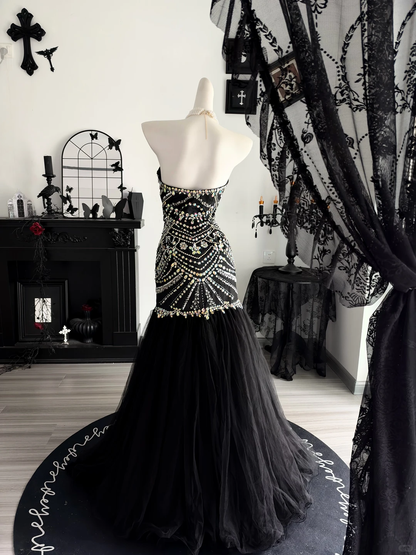 Gorgeous Black Tulle Beaded Mermaid Long Evening Dress Strapless Long Birthday Prom Dresses D4712