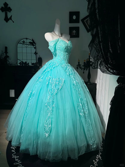 Classy Tiffany Blue Off The Shoulder Tulle Appliques Beaded Quinceanera Dress Sweet 17 Dress D3706